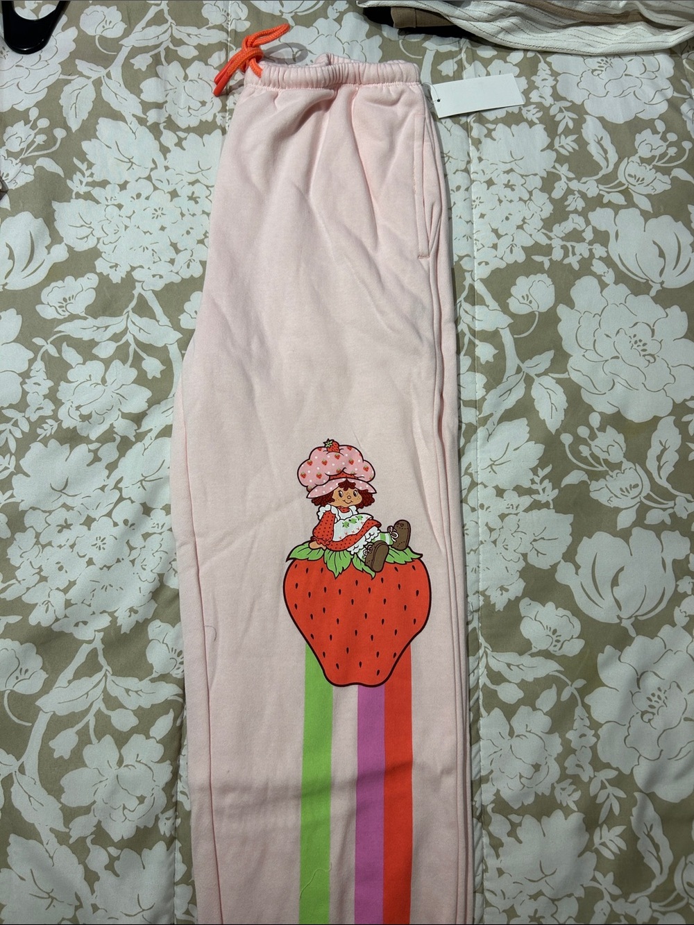 Light Pink Strawberry Graphic Jogger Pants with Rainbow Stripe Detail
